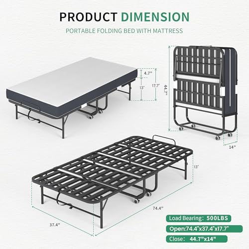 VIYET Folding Bed with Mattress,Rollaway 5-Inch Memory Foam Foldable Guest Bed for Adults, 500lbs Capacity with Storage Cover and Sturdy Metal Frame,Portable,Space Saving of Easy Storage,75"*37.5"