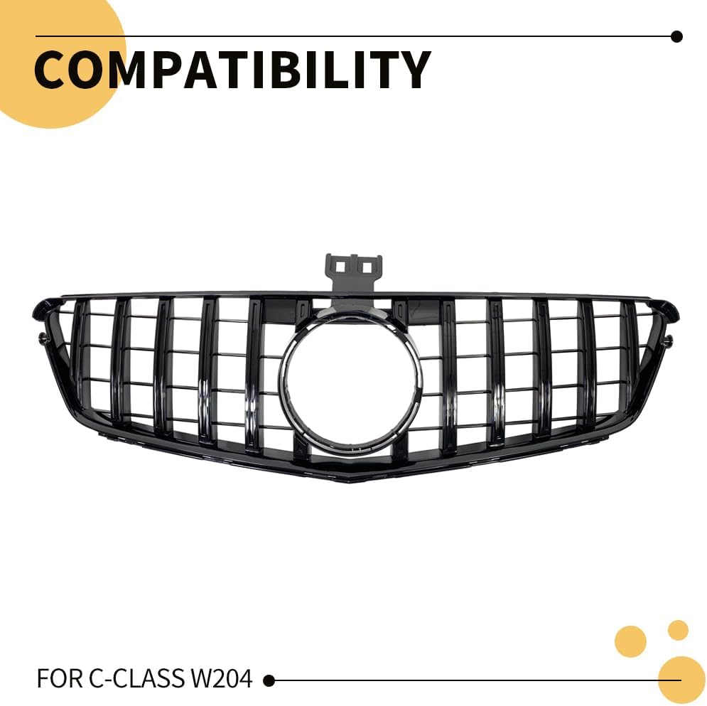 MAXDOM Replacement Front Upper Grill Fit for Mercedes Benz (2008-2014) C-class W204 C250 C300 C350 – Gloss Black GTR GT Style ABS Grille