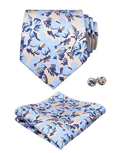 Alizeal Corbata pequeña con estampado floral para hombre con bolsillo cuadrado, elegante, único para negocios, boda, fiesta, conjunto de corbata, 109-azul claro + champán, Taille unique