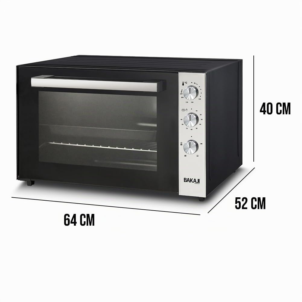 BAKAJI Four électrique à chaleur tournante XXL Capacité 70 litres Puissance 2500W Température réglable jusqu'à 250 °C 2 ventilations Éléments chauffants en acier Éclairage intérieur Fonction minut.