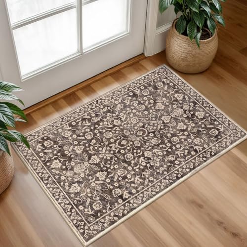 SILOLOOM Vintage Entryway Rug Indoor, Rust Brown Red Washable Rug 2x3, Small Area Rug with Non-Slip Backing, Floral Print, Thin Faux Wool Super Soft Door Mat for Kitchen, Entrance, Bedroom, Office