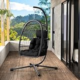LEVELEVE Egg Chair with Stand,Patio Rattan Wicker Hanging Swing Egg Chair Hammock Chair for Bedroom Porch Garden,Thickened Aluminum Alloy Steel Frame and UV Resistant Cushion,350LBS Capacity
