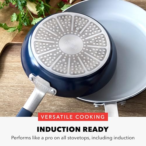 GreenPan x Bobby Flay 13 Piece Nonstick Cookware Pots and Pans Set, PFAS-Free Diamond Ceramic, Induction Suitable, Easy Clean Dishwasher & Oven Safe, Stay-Cool Silicone Handles, Glass Lids, Navy Blue by GreenPan - Image 4