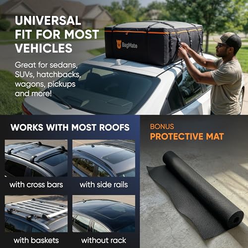 Image of 19 Cubic Feet Roof Bag - Safety Tested Heavy-Duty Waterproof Rooftop Cargo Carrier for All Cars & SUVs (with or Without Rack) - Includes Protective Mat & Storage Bag - Military-Grade 840D PVC