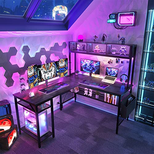 Unikito L Shaped Computer Desk With Led Strip And Power Outlets, Reversible L-Shaped Corner Desk With Storage Shelves And Bag, Industrial Home Office Desk Gaming Table With Usb Port, Black Oak #TOP1