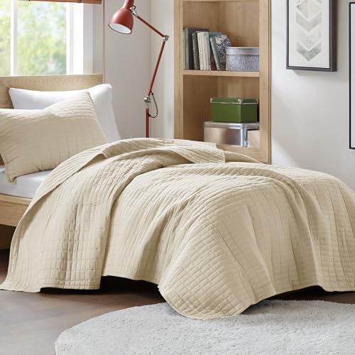 Comfort Spaces Kienna Quilt Set- Double Sided Stitching Design Summer Blanket, Lightweight, Soft, All Season Bedding Layer, Matching Sham, Ivory, Coverlet Twin/Twin XL(66"x90") 2 Piece