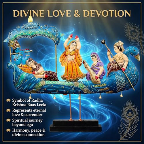Image of KRAFTSKALA Radha Krishna Nauka Vihar Showpiece for Home Decor Wall Hanging & Tabletop | Metal Peacock Boat Raas Leela Statue with Wooden Base | Large Spiritual Decorative Idol