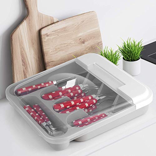 Zilpoo Flatware Plastic Tray With Hinged Lid, Kitchen Cutlery And Utensil Drawer Organizer, Silverware Countertop Storage Container With Attached Cover #TOP1