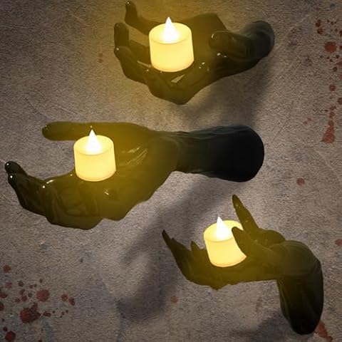 JIEFULL Pack of 3 Wall Mounted Creepy Reaching Hands with Lighted Candles for Scary Halloween Decorations, Life-Sized Horror Hands for Gothic Wall Decorations Indoor/Outdoor Cover