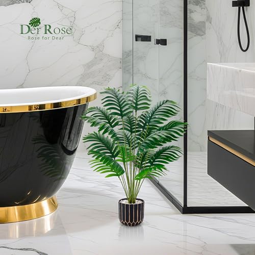 Image of Der Rose 28 inch Fake Palm Tree in Black Gold Pot for Living Room Decor