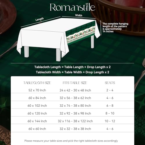 Romanstile Christmas Checkered Rectangle Tablecloth, Winter Holly Bell Table Cloth, Green Buffalo Plaid Xmas Table Cover for Dining, Party, Holiday Decor - 60 x 120 Inch by Romanstile - Image 7