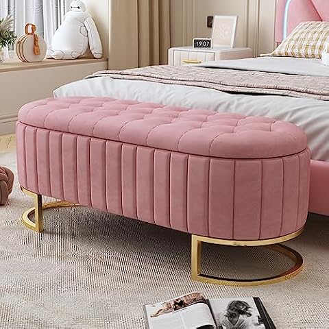 Polibi Elegant Upholstered Velvet Storage Ottoman with Button-Tufted, Storage Bench with Metal Legs for Bedroom, Living Room, Entryway, Fully Assembled Except Legs, Pink Cover