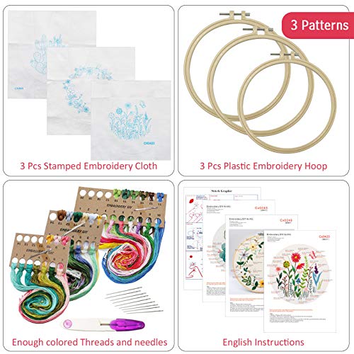 3 Pack Embroidery Kit for Beginners, Embroidery Starter Kit Cross Stitch Kits Beginner with Embroidery Patterns, Embroidery Hoops and Color Threads, Tools Kit