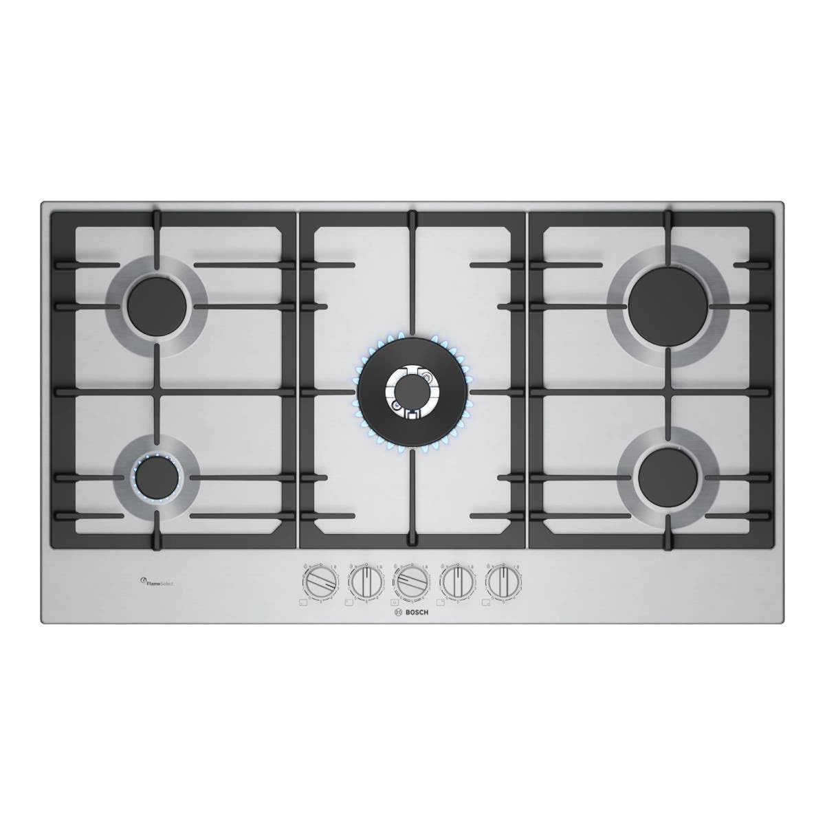 Bosch PCR9A5I90 Series 6, Plaque à gaz, FlameSelect, Poignées magnétiques amovibles, WOK, Grilles en fonte, Acier, 90 cm