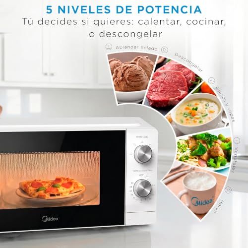 Miniatura 5 de Midea Microondas 20 Litros Y 700 W De Potencia Microwave Horno Microondas Blanco De Sobremesa Con Plato Giratorio, Función Descongelación, 5 Niveles De Potencia Temporizador Microondas Sin Grill