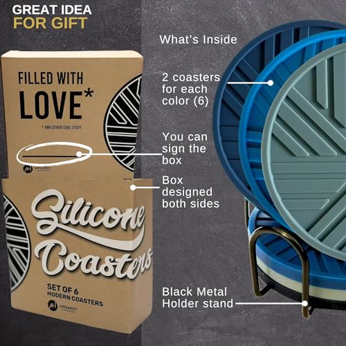 Angardy Homeware Silicone Coasters Set of 6 - with Holder - Smart and Modern Patterns That Holds Your Drink’s condensations, Protecting Your Coffee Table, Decor for Home, Office, bar - Image 3