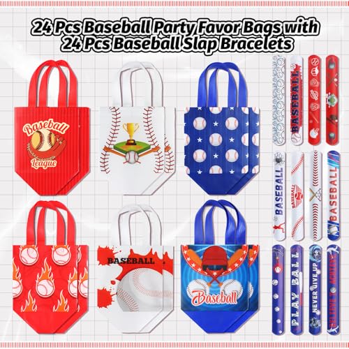 MiniInflat 24 Pcs Baseball Gift Bags Party Favor Bags Reusable Non Woven Tote Bag with Handles Baseball Waterproof Treat Bag for Party Favors Supplies, Extra with 24 Pcs Slap Bracelets by MiniInflat - Image 4
