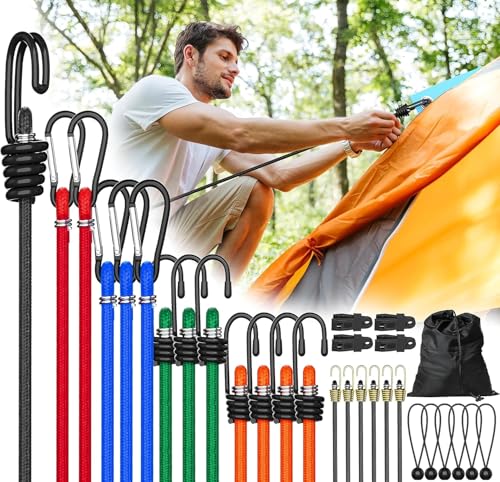 30Pcs Bungee Cords with Hooks Assorted Sizes in 60', 48', 36', 24', 18' Carabiner Bungee Cord Heavy Duty Outdoor with Storage Bag, Small Bunjee Chords, Bunji Balls, Tarp Clips, Bungee Straps
