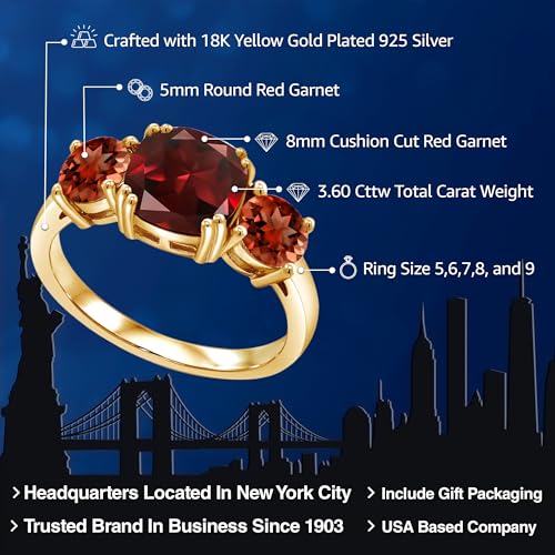 Gem Stone King 18K Yellow Gold Plated Silver Red Garnet 3 Stone Engagement Ring For Women (3.60 Cttw, Gemstone January Birthstone, Cushion 8MM, Available in Size 5,6,7,8,9)2