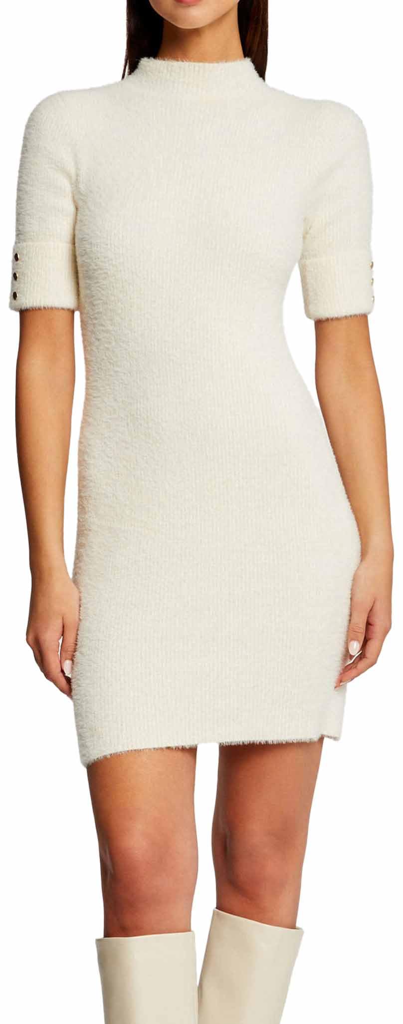 Morgan Short-Sleeved Fitted Sweater Dress, Off White, UK 6-8