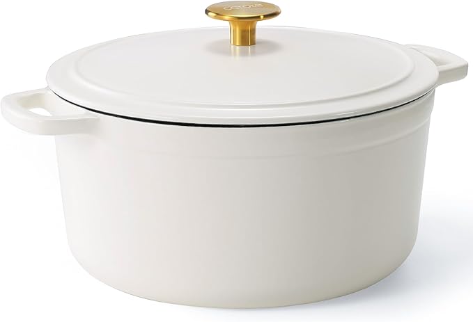 CAROTE Cast Iron Dutch Oven Pot with Lid, Enameled Dutch Oven for Sourdough Bread Baking, Dual Handles, Heavy-Duty Cast Iron Pot, 5QT, White