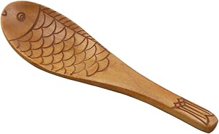 Japanese Fish Shaped Wood Spoon Hand Carved Texture for Soup Rice Paddle Kitchen Utensil Dinnerware