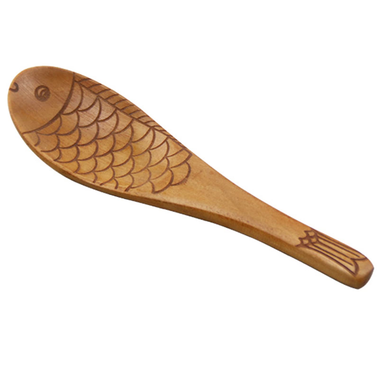 KAHDGSS Japanese Fish Shaped Wood Spoon Hand Carved Texture Scoop for Soup Rice Paddle Kitchen Utensil Dinnerware Japanese Spoon Wooden