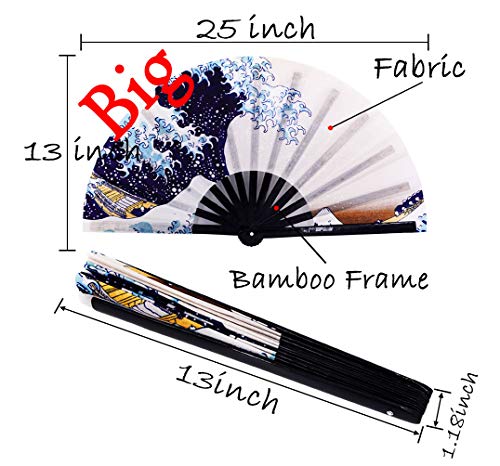 Meifan Folding Fans Large Rave Hand Fan For Men Women, 13-Inch Chinese Japanese Bamboo Handheld Fan For Dance, Gift, Performance, Decorations, Music Festival, Party, Club - Clack Fan (Sea Wave) #TOP1