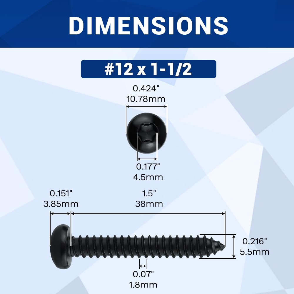 #12 x 1-1/2" Black Torx Pan Head Sheet Metal Screws 50 Pack, 304 Stainless Steel 18-8 Self Tapping Screws for Metal & Wood & Plastic, Black Coated, 1pcs Star Driver Bit Included