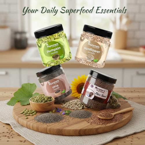 Image of MUMMA'S HOME GRAMITY Super Seeds Combo Pack 1kg Each | Pumpkin Seeds, Sunflower Seeds, Chia Seeds & Flax Seeds | High Fibre Healthy Seeds for Snacks, Smoothies & Daily Nutrition | 1kg x 4 Jars