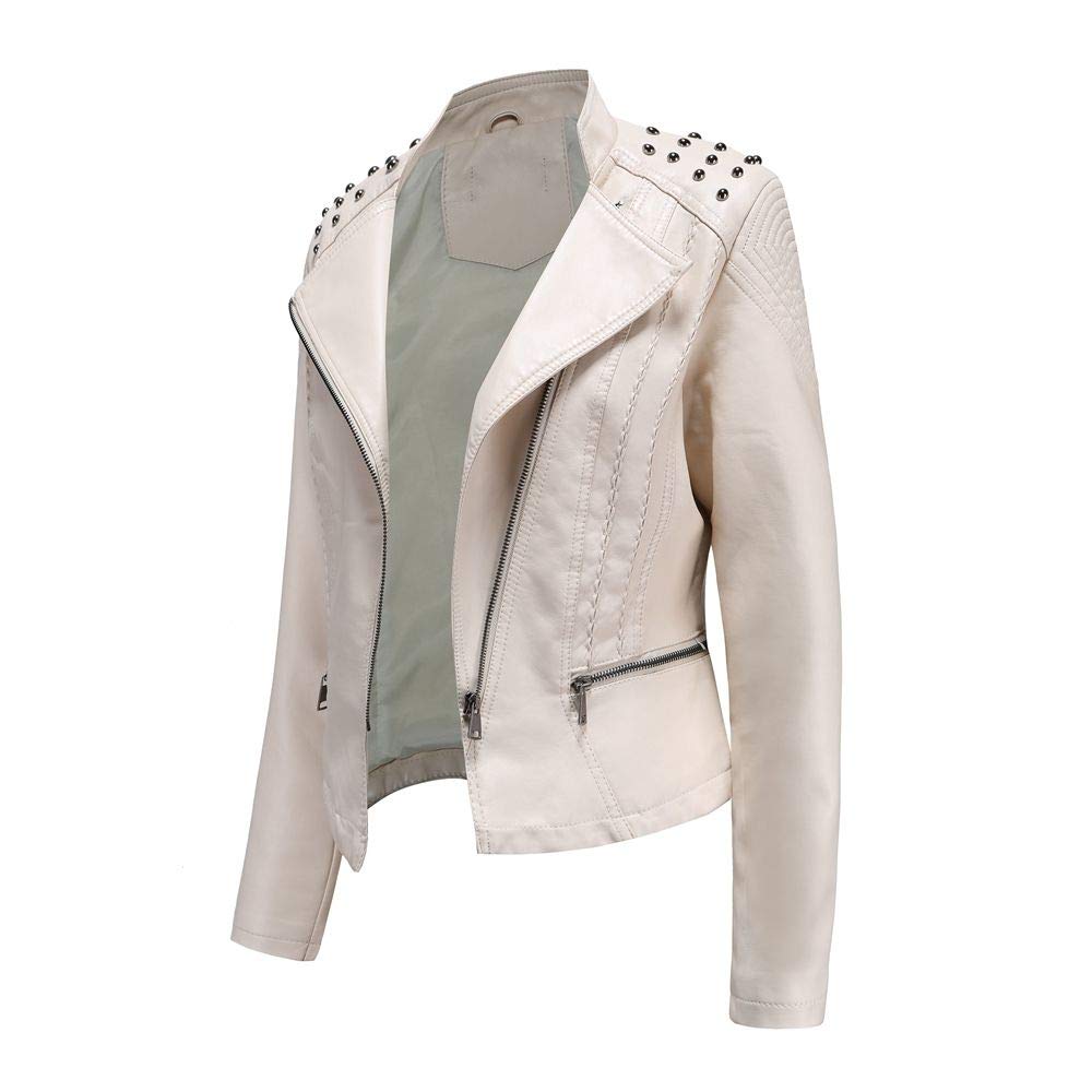 Veste en cuir synthétique pour femme, veste de motard avec fermeture éclair, veste en cuir avec rivets, col à revers, veste fine pour le printemps et l'automne