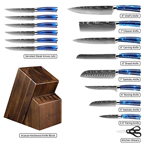 Senken 16-Piece Natural Acacia Wood Kitchen Knife Block Set - Japanese Chef's Knife Set With Laser Damascus Pattern, Includes Steak Knives, Kitchen Shears, Santoku, Cleaver & More (Blue Resin Handles) #TOP4