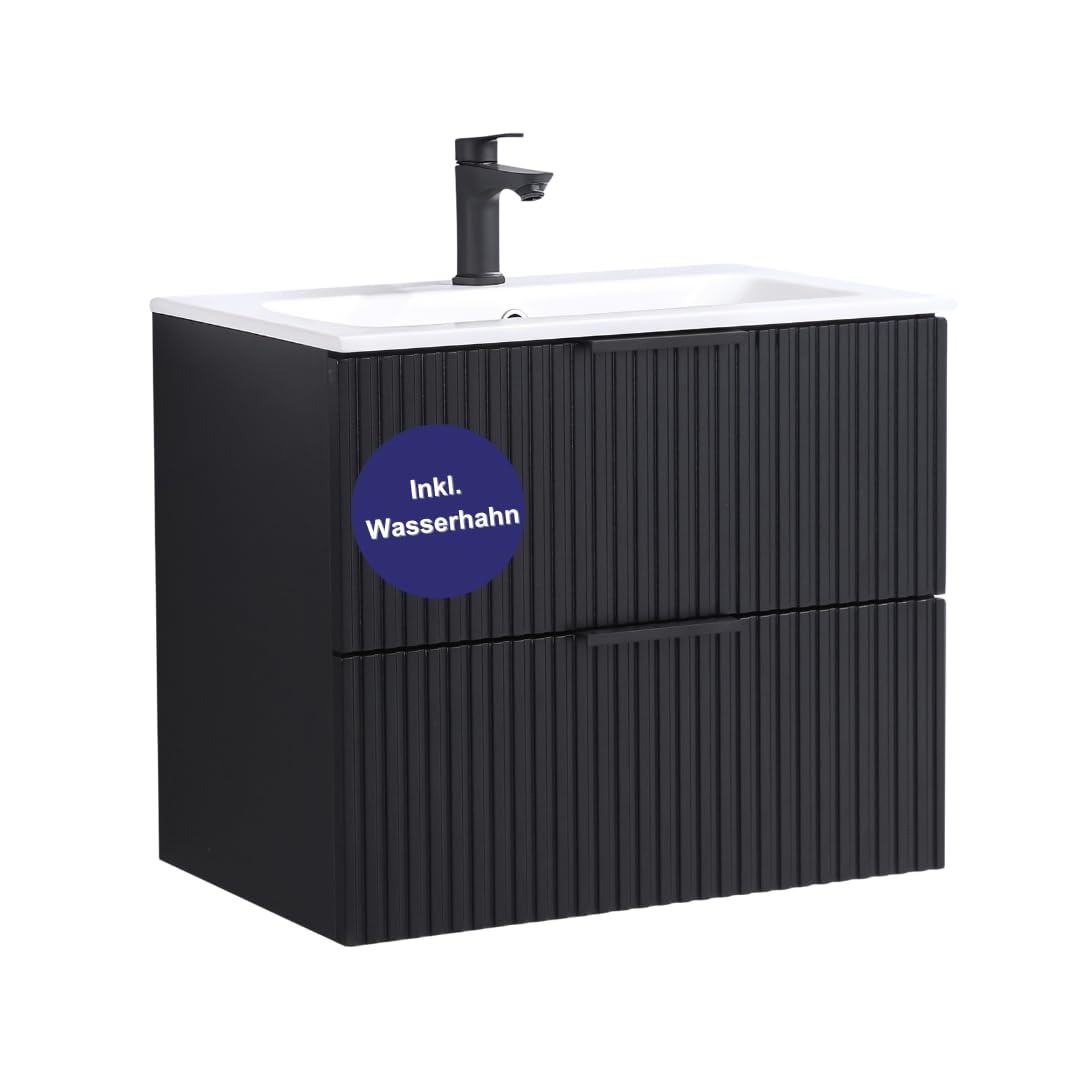 Umywalka z szafką pod umywalkę 60 cm, czarna, rowkowana, 2 szuflady Soft-Closing, zestaw mebli łazienkowych, wisząca na ścianie, z armaturą, czarna