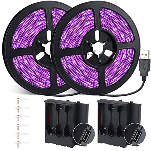 16.4FT Black Light Strip with USB Plug + Battery Box, Adhesive 300LEDs Blacklight Fixture, Battery & USB Operated for Glow Neon Party Birthday Glass Cabinet Fluorescent Poster Fishing Boat