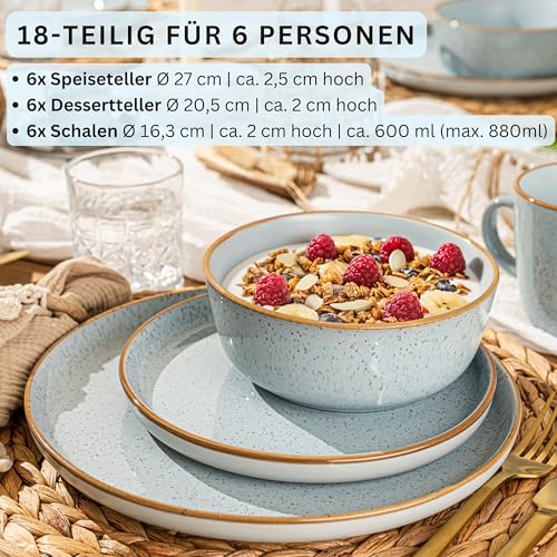 SÄNGER Rio Lagune | Tafelservice 18 teilig, Steingut Geschirr Set 6 Personen, 6x Speiseteller 6x Dessertteller 6x Schalen Geschirrset und Schale blau | VALUE COLLECTION