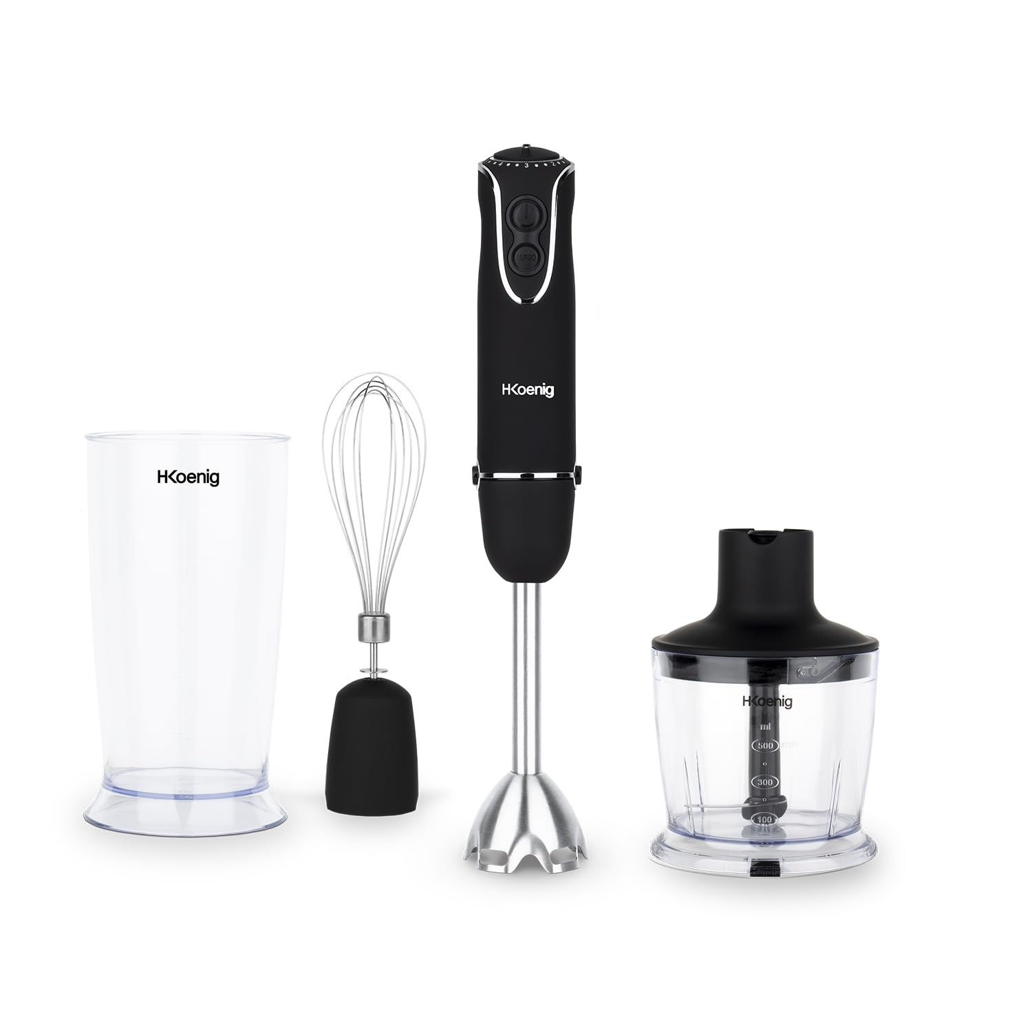 H.Koenig MIX75 Frullatore Ad Immersione 3 In 1, Acciaio Inox, 850W, Funzione Turbo, 5 Velocità, Frullatore Multifunzione Blender, Sbattitore Elettrico, Mixer, Tritatutto, Ergonomico, Nero-image