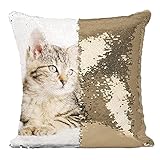 Fabulous Housse de Coussin à Sequin - Paillettes Doré Splendide Chaton Tigre Yeux Gris Europeen Mignon Chat