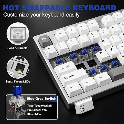 Image of YUNZII AL75 Wireless Mechanical Gaming Keyboard,Full Aluminum CNC,75% Layout,BT /2.4G /Wired,Hot Swap,Creamy Switches,TKL Gasket,RGB Backlight,Programmable for Mac /Win (Silver, Blue Grey Switch)