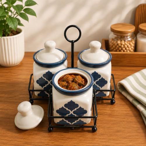 Image of Niyara Multipurpose Storage Ceramic Pickle set Jars with Lid & tray (Set of 4, 300 ml) (grey print pickle set of 3)