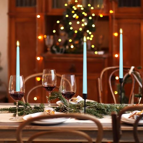 Image of Macarrie 24 Packs Flameless Taper Candles Battery Operated Fake 11 Inch Long Candlelight LED Flameless Candlesticks Flickering Tapered for Summer Fall Wedding(Teal)