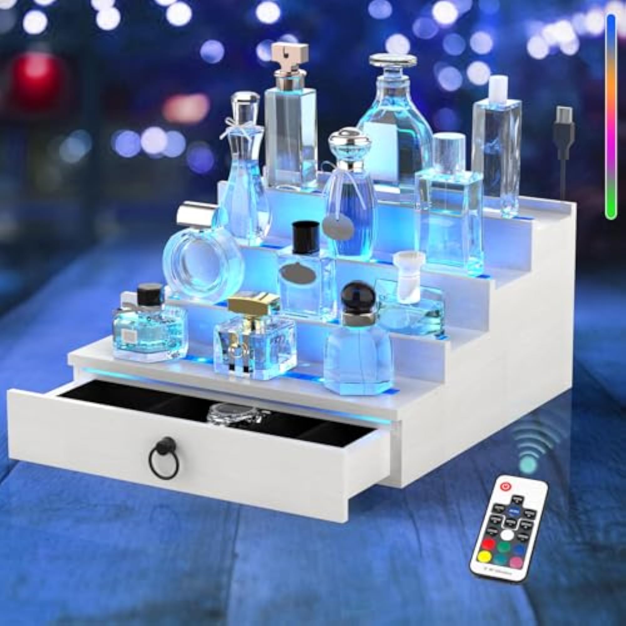 LED Lighted Wooden Cologne Organizer for Men, 4 Tier