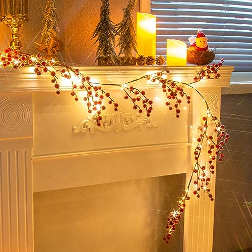 DELICHTER 1,8M Rotang Lichterzweige mit 88 LEDs und Roten Beeren...
