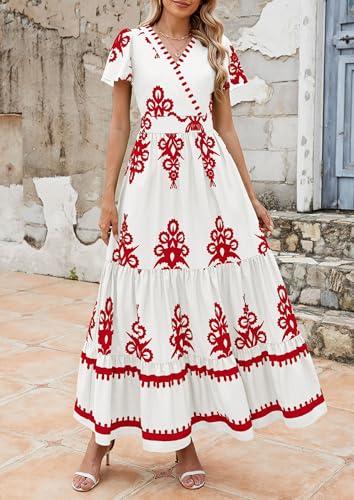 Image of PRETTYGARDEN Womens 2026 Summer Casual V Neck Boho Maxi Dress Flowy Aline Bell Sleeve Tiered Floral Dresses with Pocket