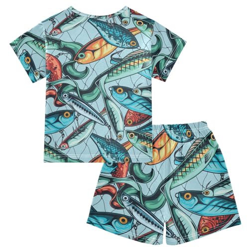 Pajama Short Sets Vintage Colorful Fishing Baits Soft Cotton Summer Sleepwear 2 Piece PJS Size 5-14T2