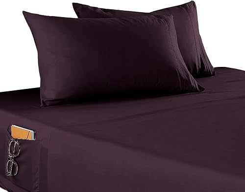Elegant Comfort Juego de sábanas inteligentes de 4 piezas, sábana bajera de bolsillo profundo con bolsillos laterales de almacenamiento, suave y