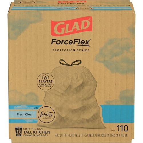 Glad ForceFlex Tall Kitchen Drawstring Trash Bags, 13 Gal, Fresh Clean, 110 Ct, Pack May Vary - image 9