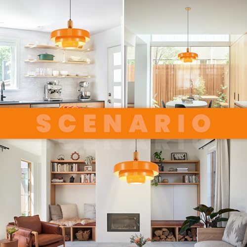 Image of 2-Pack Orange Pendant Lights, Mid Century Modern Metal & Wood Hanging Lamps, Adjustable 59 inch Cord, E26 Base for Kitchen Island Dining Room Entryway