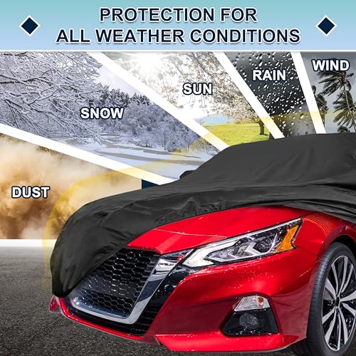 Image of Black Heavy Duty Waterproof Car Cover for Sedan 201 inch-207 inch - All-Weather UV Protected Outdoor Full Exterior Cover with Sun /Snow /Rain Resistance