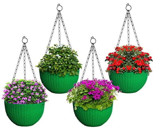 Image of Heat Home Plastic Hanging Flower Pot for Balcony & Railing Set (Green, Set of 4)