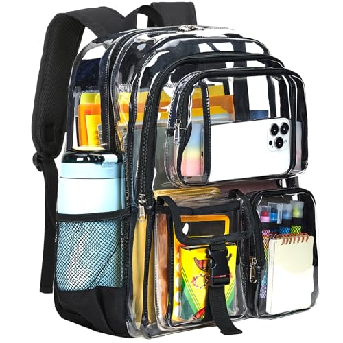 Vorspack Clear Backpack Heavy Duty - Large Multi-pockets Clear Bookbag for Girls Boys See Through Backpack for School College Work Travel - Black